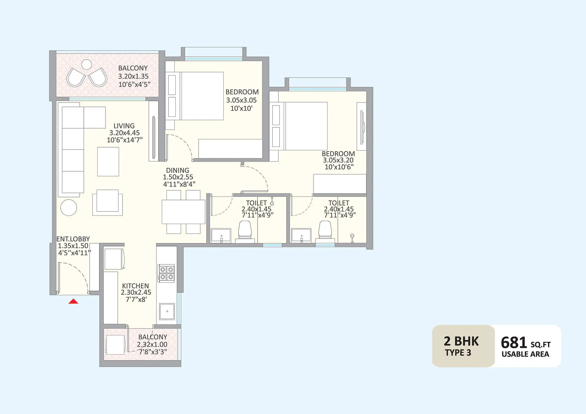 2 BHK Premium 681 sq. ft.