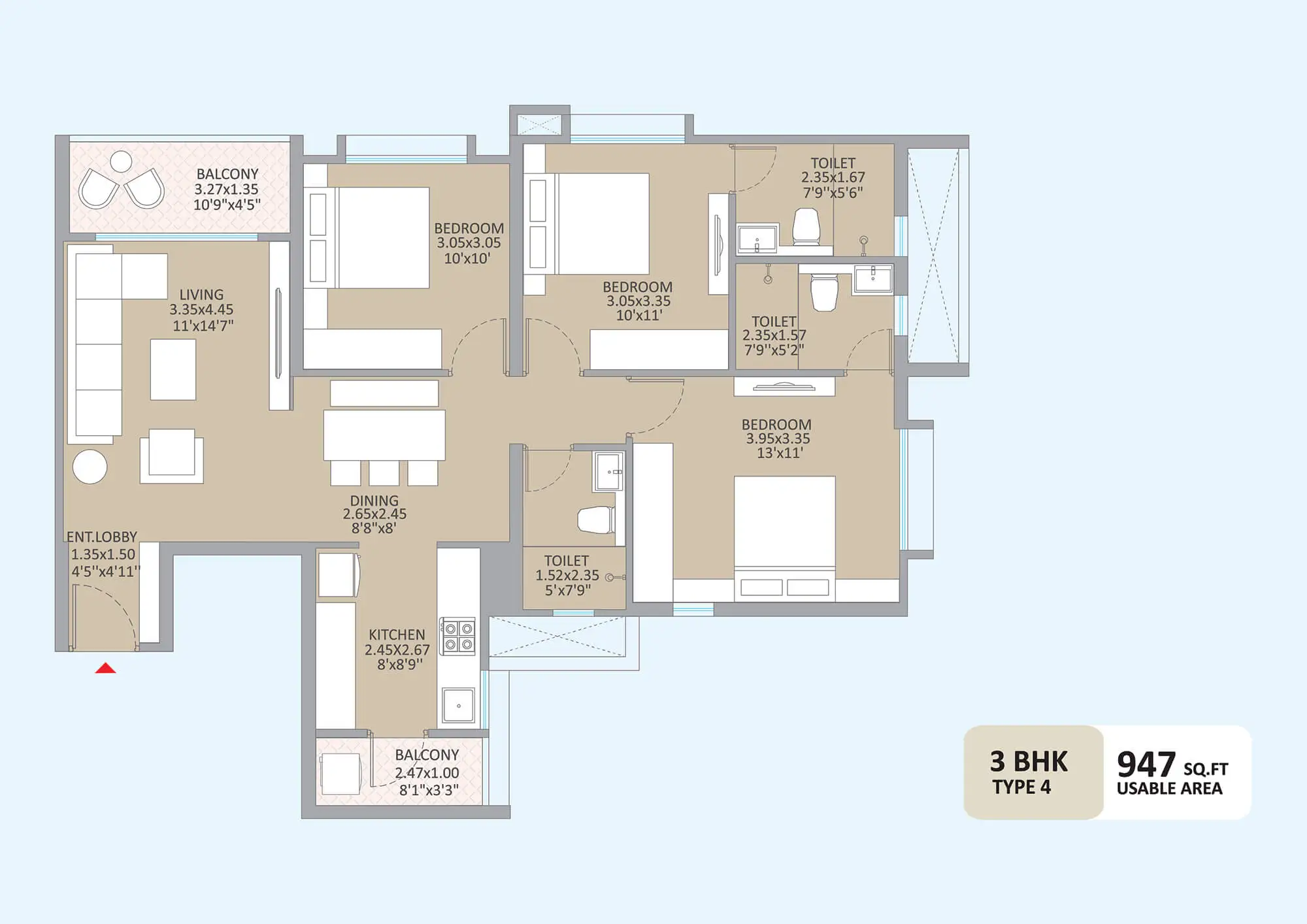 3 BHK Smart 860 sq. ft.